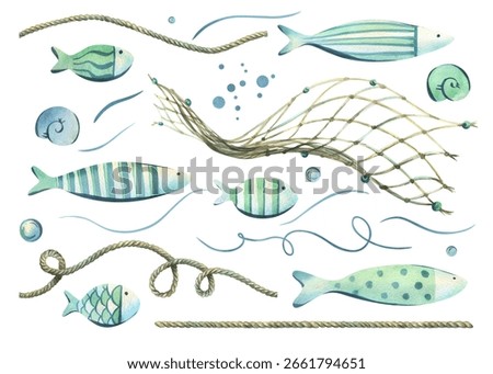 Sea fish, ropes, bubbles, shells and net elements in light turquoise and mint shades. Hand-painted watercolor illustration. Clip art set for branding, digital design and DIY projects.