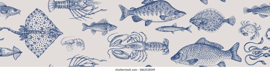 Sea Fish. Fish And Seafood Products. Seamless Pattern