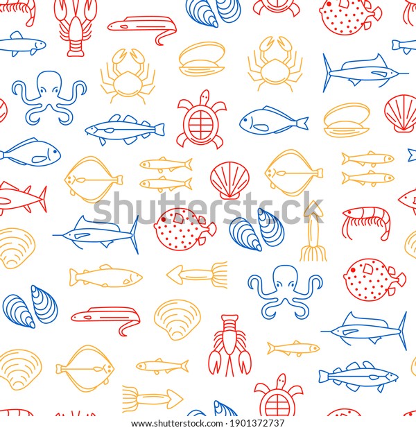 Sea Food Thin Line Seamless Pattern Background on\
a White for Menu of Cafes and Restaurants Symbol Gourmet Healthy\
Food. illustration of\
Seafood