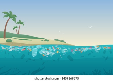 Sea Garbage In Polluted Water. Dirty Ocean Beach With Trash And Plastic On Sand And Under Water Surface Illustration Concept.