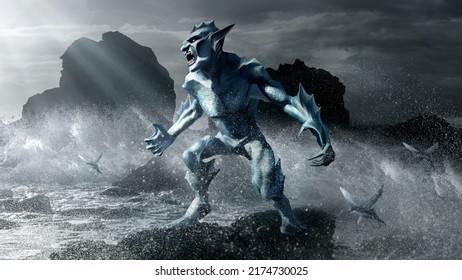 A sea goblin in full-length with sharp claws and fangs, with fins and scales stands on a small rock on the ocean shore with big waves and a dark sky behind his back. A water monster similar human.