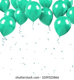 Sea Green Baloons On The Upstairs With Golden Confetti Isolated On White Background. 3D Illustration Of Beautiful, Candy, Glossy Baloons