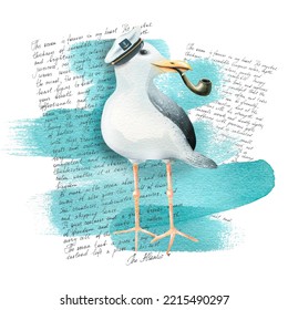 A sea gull in a captain's cap with a smoking pipe on a blue background and a text about the Atlantic Ocean in English. Watercolor illustration from the collection SEA FISHING. For decoration