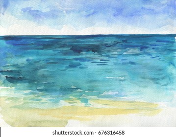 Sea Landscape. Beautiful Watercolor Hand Painting Illustration.