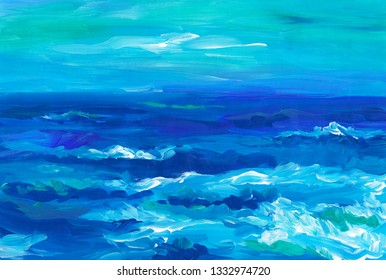 Sea landscape painting. Blue sea with waves and blue green sky. Storm on the ocean. Abstract beautiful water landscape. Modern art. Backdrop for cards, design, templates.