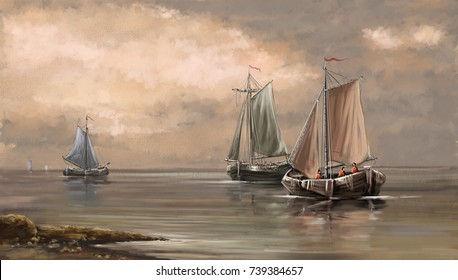 Sea landscape paintings, fisherman, boats, ships, art, digital oil paint.