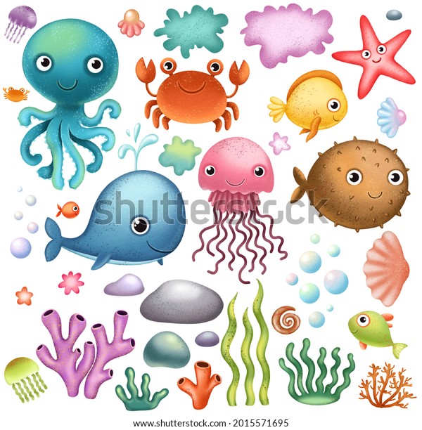 Sea Life Clipart Cute Underwater Inhabitants Stock Illustration 2015571695