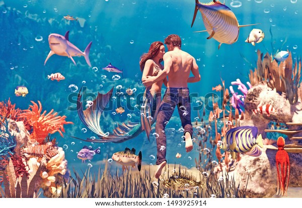 人と人魚の海恋物語 神話的な海の3dファンタジー マーメイド 海のニンフの空想物語 本の表紙や本のイラストの3dイラスト のイラスト素材