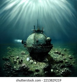 Sea Mine Under Water. Dangerous Weapons Against Submarines