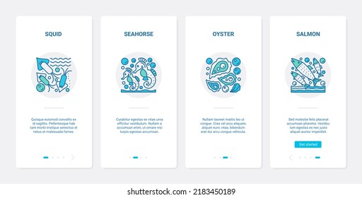 Sea Ocean Fish Shellfish Illustration. UX, UI Onboarding Mobile App Page Screen Set With Line Underwater Sealife Symbols, Squid Oyster Seahorse Salmon In Sea Water, Marine Animals Collection