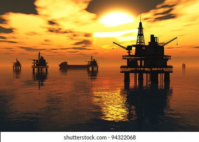 Sea Oil Platform and Tanker in the Sunset 3D render