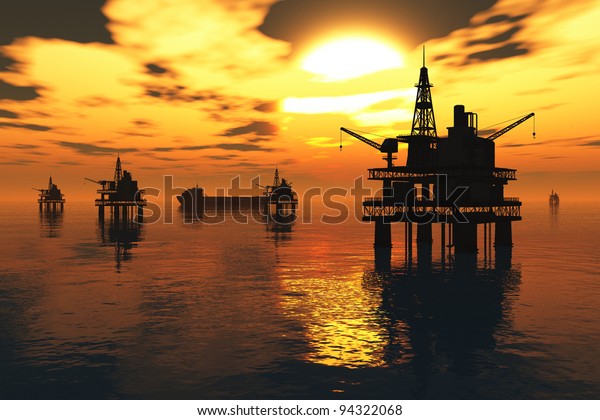 Sea Oil\
Platform and Tanker in the Sunset 3D\
render