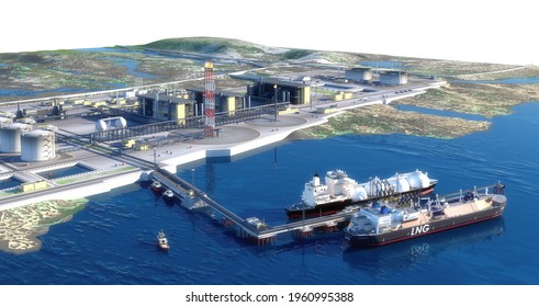 Sea port with two gas carriers, mooring outrigger, coastal zone, LNG plant, oil terminal, berth of auxiliary vessels. Isolated on white with the location. 3d-rendering