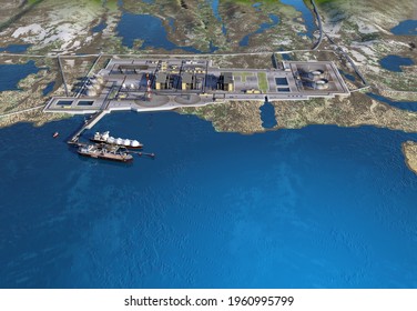 Sea port with two gas carriers, mooring outrigger, coastal zone, LNG plant,  berth of auxiliary vessels  and with the location. 3d-rendering