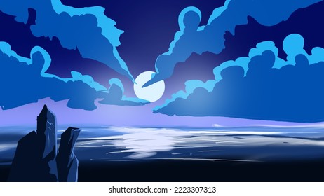 Sea And Rock Cloud And Sun In The Sky Scene 
Digital Art ,type Painting ,3d Illustration , High Definition ,  Wallpaper