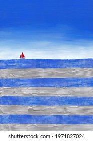 Sea Scape Painting With Blue Sky And Red Boat On Horizon Scenery Regatta Yacht Ship Nautical Water Ocean Voyage Stripe Watercolor Illustration