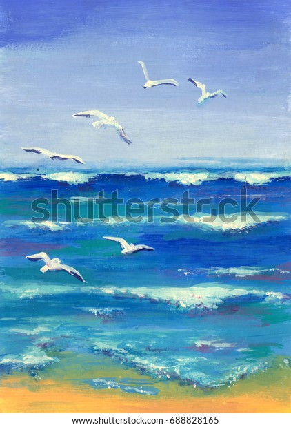 Sea Seagulls Acrylic Painting Original Artwork Stock Illustration 688828165