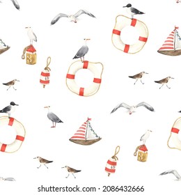 Sea seamless pattern with sea birds seagulls and sandpipers, lifebuoys, buoys and boats. Watercolor marine illustration isolated on white background of nautical symbols, summer sea print.
