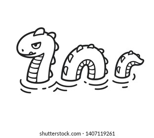 Sea Serpent, Mythological Snake Monster. Black And White Cartoon Style Drawing. Isolated Illustration.