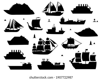 Sea ship silhouettes. Boats adapted to the open sea for coastal shipping, trade and travelling. flat style cartoon illustration isolated on white background.