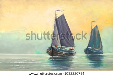 Sea and ships, oil digital paintings landscape, fisherman, boats