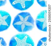 Sea stars. Abstract art seamless pattern on the marine theme on a white background with blue watercolor circles.  Perfect for wallpaper, wrapping, fabric, print  and textile.