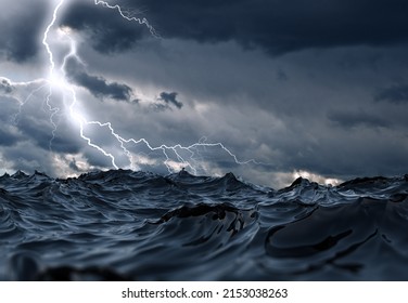 Sea Storm Lightning Ocean Wallpaper Background, 3d Rendering.