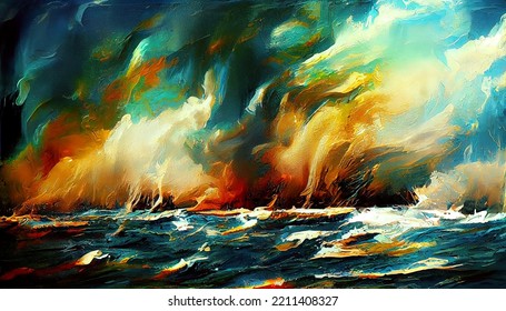 Sea Storm With Tornado Painting Picture. Abstract Colorful Picturesque Painting. Imitation Of Oil Painting. Digital Illustration.