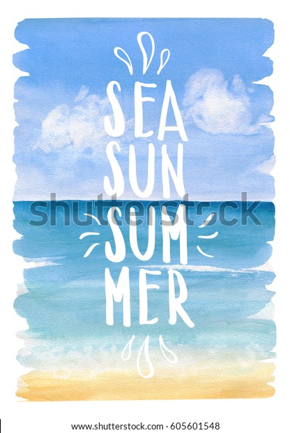 水の色の背景に海 日 夏の文字 ギザギザの縁とブラシの跡 青い空の下の海砂浜と雲 のイラスト素材