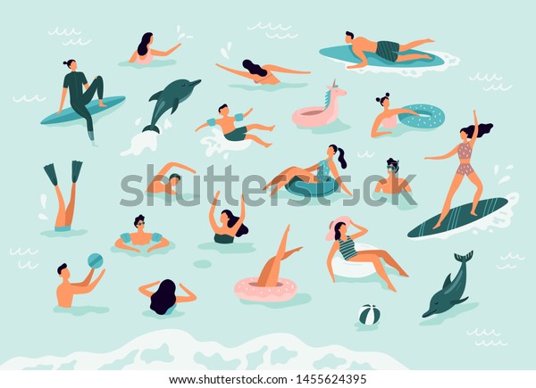 海が泳ぐ 活動的な人々はダイビングをし イルカやサーフィンと一緒に泳ぐ 夏の海で泳ぐ 熱帯のサーファーや波のキャッチバケーションイラストを楽しむ の イラスト素材