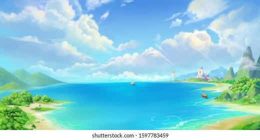 Sea Town, Seaside, Beach and Coast. Fantasy Backdrop. Concept Art. Realistic Illustration. Video Game Digital CG Artwork Background. Natural Scenery.
