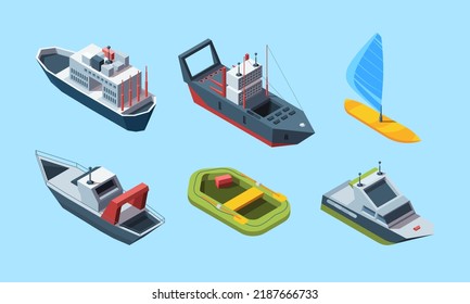 Sea Transport Set. Isometric Cruise Ocean Liner For Travel, Blue-sail Windsurf Boat, Coast Guard And Speed Boat, Green Inflatable Boat, Research Ship. Flat Style.