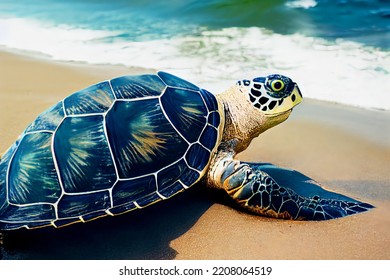 A Sea Turtle Crawls Onto A Beach In The Waters Of The Hawaiian Archipelago. The Concept Of Attracting Tourists To Hawaii. 3d Rendering