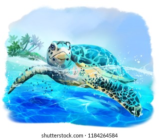 Sea turtle floats watercolor drawing