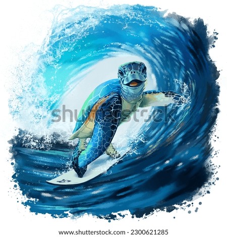 Sea turtle riding a surfboard