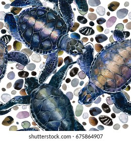 sea turtle seamless pattern. watercolor sea animal  illustration. underwater life background