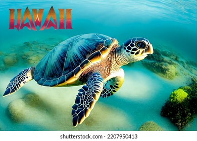 A Sea Turtle Swims Underwater In The Waters Of The Hawaiian Archipelago. The Concept Of Attracting Tourists To Hawaii. 3d Rendering