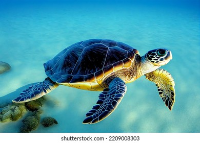 A Sea Turtle Swims Underwater In The Waters Of The Hawaiian Archipelago. The Concept Of Attracting Tourists To Hawaii. 3d Rendering