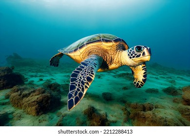 A Sea Turtle Swims Underwater In The Waters Of The Hawaiian Archipelago. The Concept Of Attracting Tourists To Hawaii. 3d Rendering