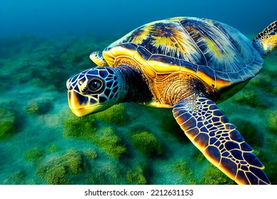 A Sea Turtle Swims Underwater In The Waters Of The Hawaiian Archipelago. The Concept Of Attracting Tourists To Hawaii. 3d Rendering