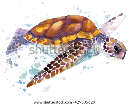 Sea turtle watercolor illustration. Underwater word
