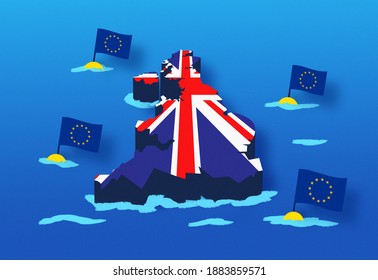 The Sea Of The UK After Brexit. Concept About Maritime Borders And Fishing Rights For British Fishermen After The Exit Of Great Britain From The European Community, Europe, EU. Illustration