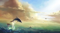 The Sea Under The Sun, Jumping Dolphins, Digital Illustration.