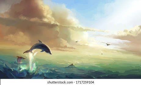 The sea under the sun, jumping dolphins, digital illustration.