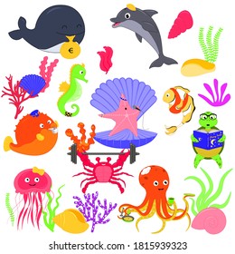 Big Set Cute Cartoon Sea Animals Stock Vector (Royalty Free) 436485169 ...