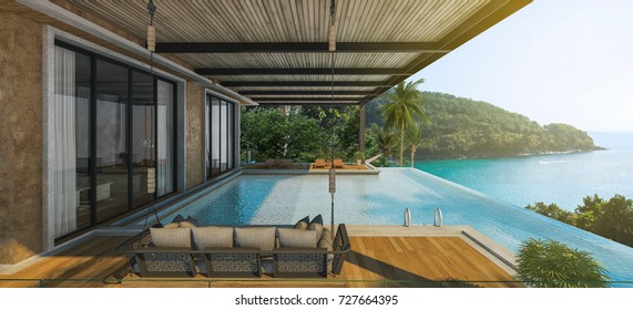 Sea View Andaman sea Beautiful Swimming pool with armchair and wooden floor  - 3d rendering