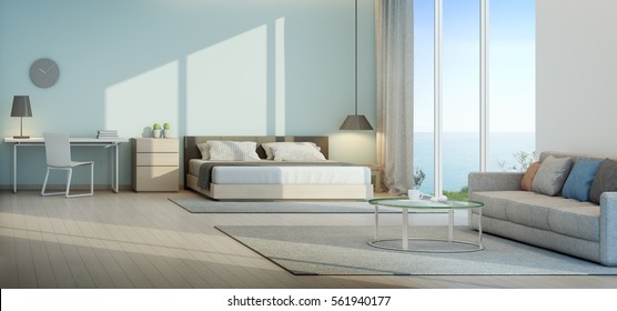 Sea View Bedroom And Living Room In Luxury Beach House - 3D Rendering