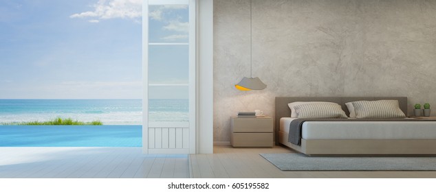 Sea View Bedroom With Terrace In Luxury Beach House, Modern Interior Of Pool Villa - 3D Rendering