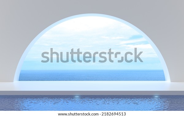 Sea view beside terrace and beds in modern\
luxury, swimming on sea view at vacation. 3d rendering illustration\
of tourist resort. Holiday in summer season  fantasy and reality\
into dreamlike\
spaces.