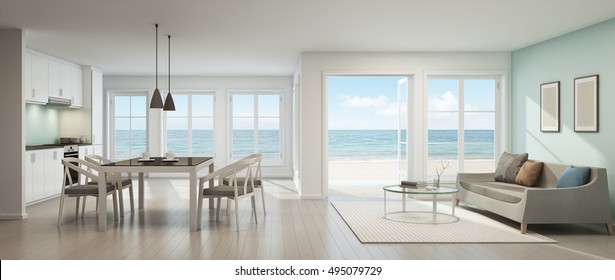 Sea View Dining, Living Room And Kitchen In Beach House - 3D Rendering